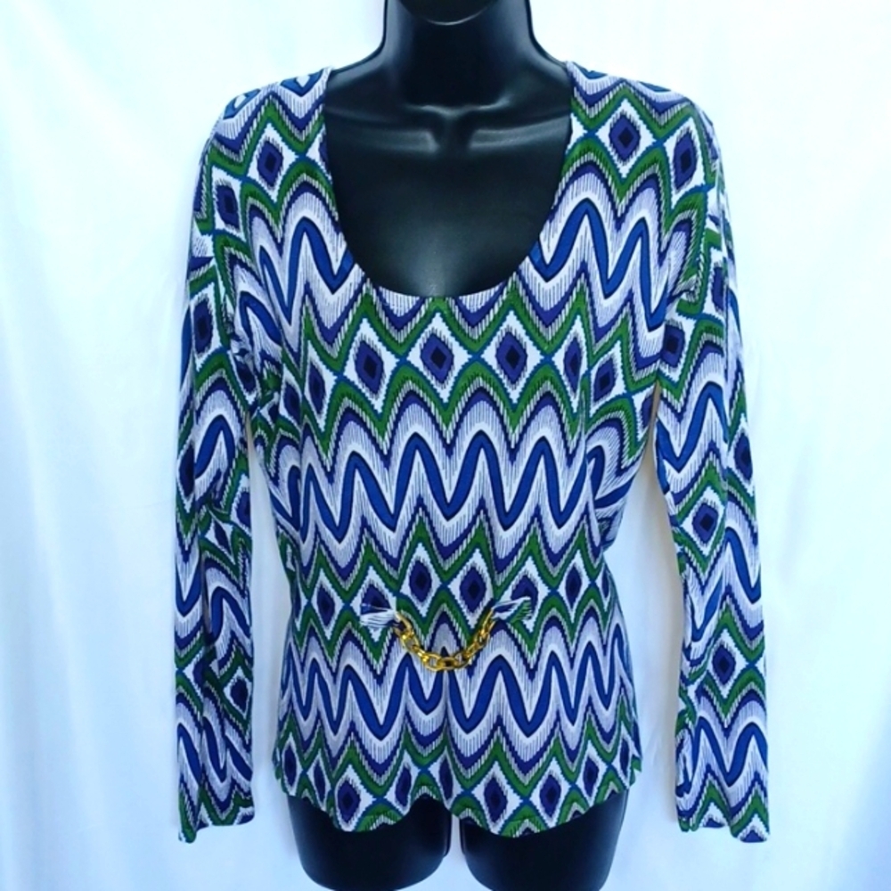 Mosca Womens Multicolor Floral Long Sleeve Sweater Sz M U- Neckline